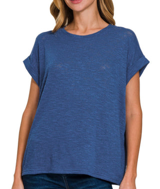 Zenana Hacci Rolled Up Sleeve Light Navy