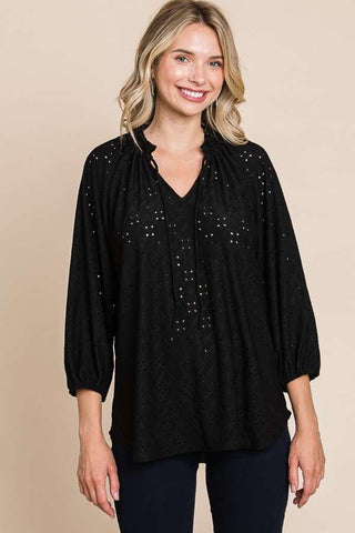 Culture Code Raglan Shirring 3/4 Sleeve Top Black