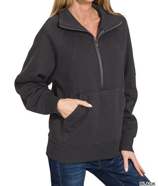 Zenana Half Zip Fleece Pullover W/ Kangaroo Pocket Black