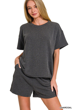 Zenana Ribbed Short Sleeve Tee & Shorts Set Charcoal