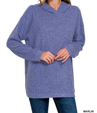 Zenana Hooded Brushed Melange Hacci Sweater Marlin