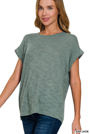 Zenana Hacci Rolled Up Sleeve Tee Ash Jade