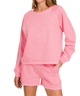 Zenana French Terry Pigment Dye Pullover & Short Set Candy Pink