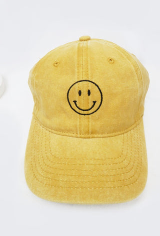 Love and Repeat Smile Face Embroidered Washed Baseball Cap Mustard
