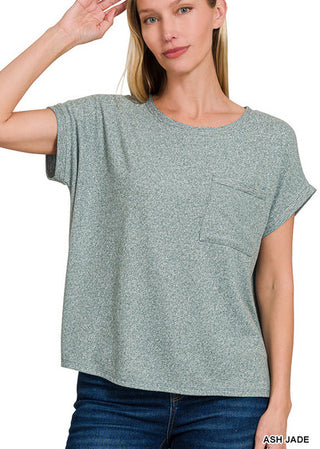 Zenana Melange Hacci Tee with Pocket Ash Jade