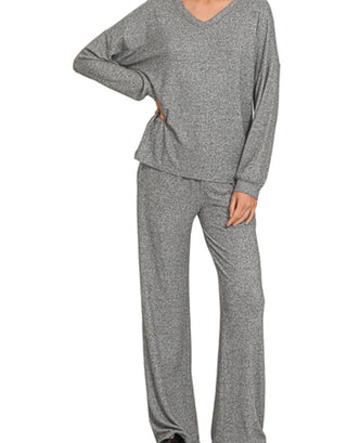 Zenana Soft Melange V Neck Long Sleeve & Pant Set Black