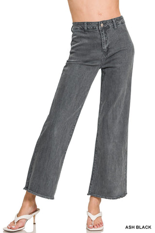 Zenana Acid Wash Fray Cutoff Straight Wide Pants 1856A Ash Black