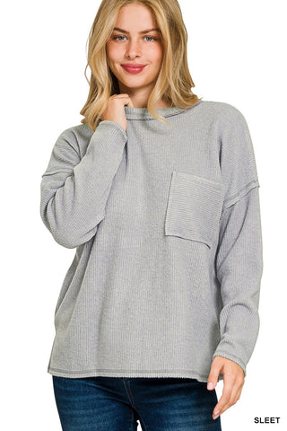 Zenana Ribbed Brushed Melange Hacci Sweater with Pocket Sleet