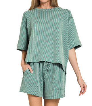 Zenana Raised Rib Short Sleeve Tee & Short Set Jade 8588