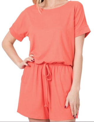 Zenana Romper with Pockets Deep Coral