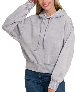 Zenana Acid Wash Fleece Cropped Hoodie Sleet