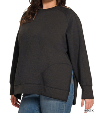 Zenana Scuba Round Neck Pullover Side Slits Black