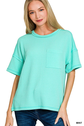 Zenana Raised Rib Exposed Seam Short Sleeve Top Mint