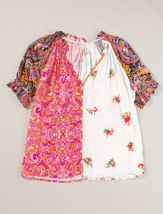 Lovesoft Boho Floral Patchwork Buttoned Short Sleeve Top Multicolor