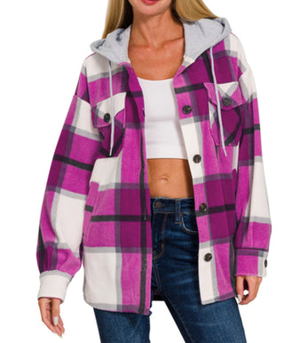 Zenana Plaid Hooded Shacket Lt Plum